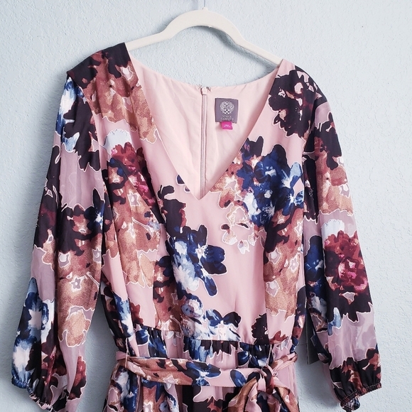Vince Camuto Pink Floral Applique Long Sheer Sleeve Mini Wrap Dress - Picture 7 of 11